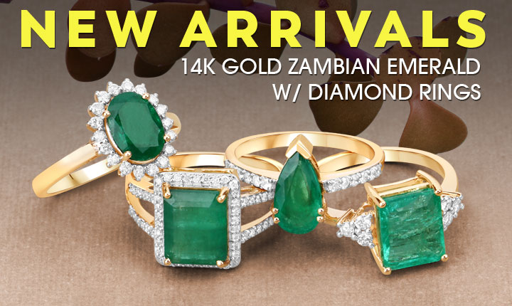 New Arrivals 14K Gold Zambian Emerald w/ Diamond Rings