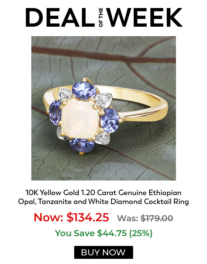 Deal of the Week: 10K Yellow Gold 1.20 Carat Genuine Ethiopian Opal, Tanzanite and White Diamond Cocktail Ring | Flat 25% Off!