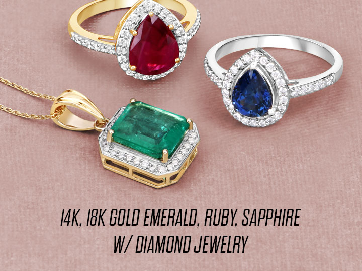 14K, 18K Gold Emerald, Ruby, Sapphire w/ Diamond Jewelry