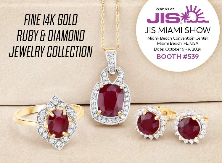 Exclusive Show Only Fine Fine 14K Gold Ruby & Diamond Jewelry Collection. Visit us at the JIS Miami Show, October 6 - 9, 2024 @ Miami Beach Convention Center, Miami Beach, FL | Booth# 539