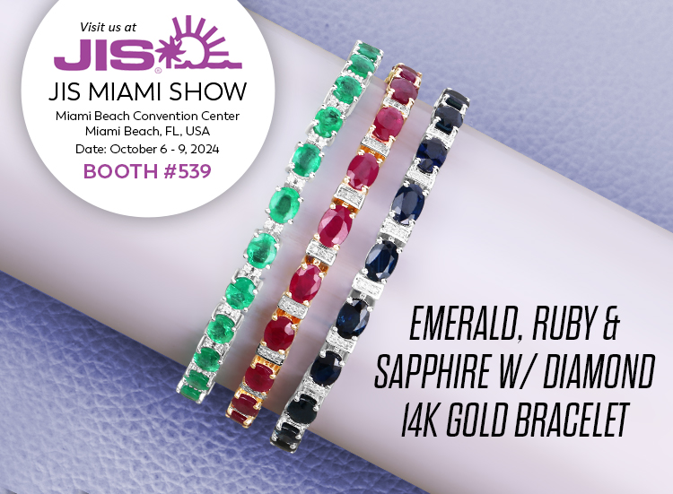 Exclusive Show Only Emerald, Ruby & Sapphire w/ Diamond 14K Gold Bracelet. Visit us at the JIS Miami Show, October 6 - 9, 2024 @ Miami Beach Convention Center, Miami Beach, FL | Booth# 539