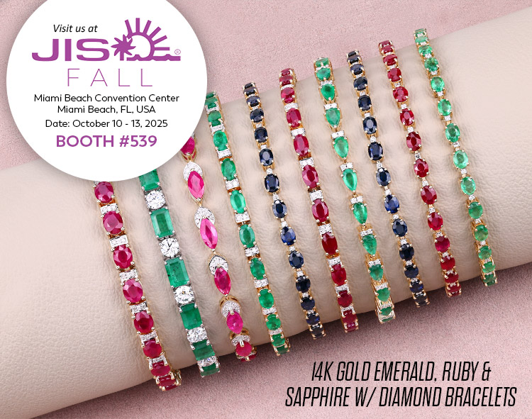 Exclusive Show Only 14K Gold Emerald, Ruby & Sapphire W/ Diamond Bracelets. Visit us at the JIS Miami Show, October 10-13, 2025 @ Miami Beach Convention Center, Miami Beach, FL | Booth# 539 (for exclusive show only closeouts)